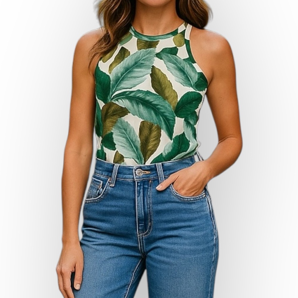 Forever 21 Green and White Bodysuit with Tropical Leaf Print